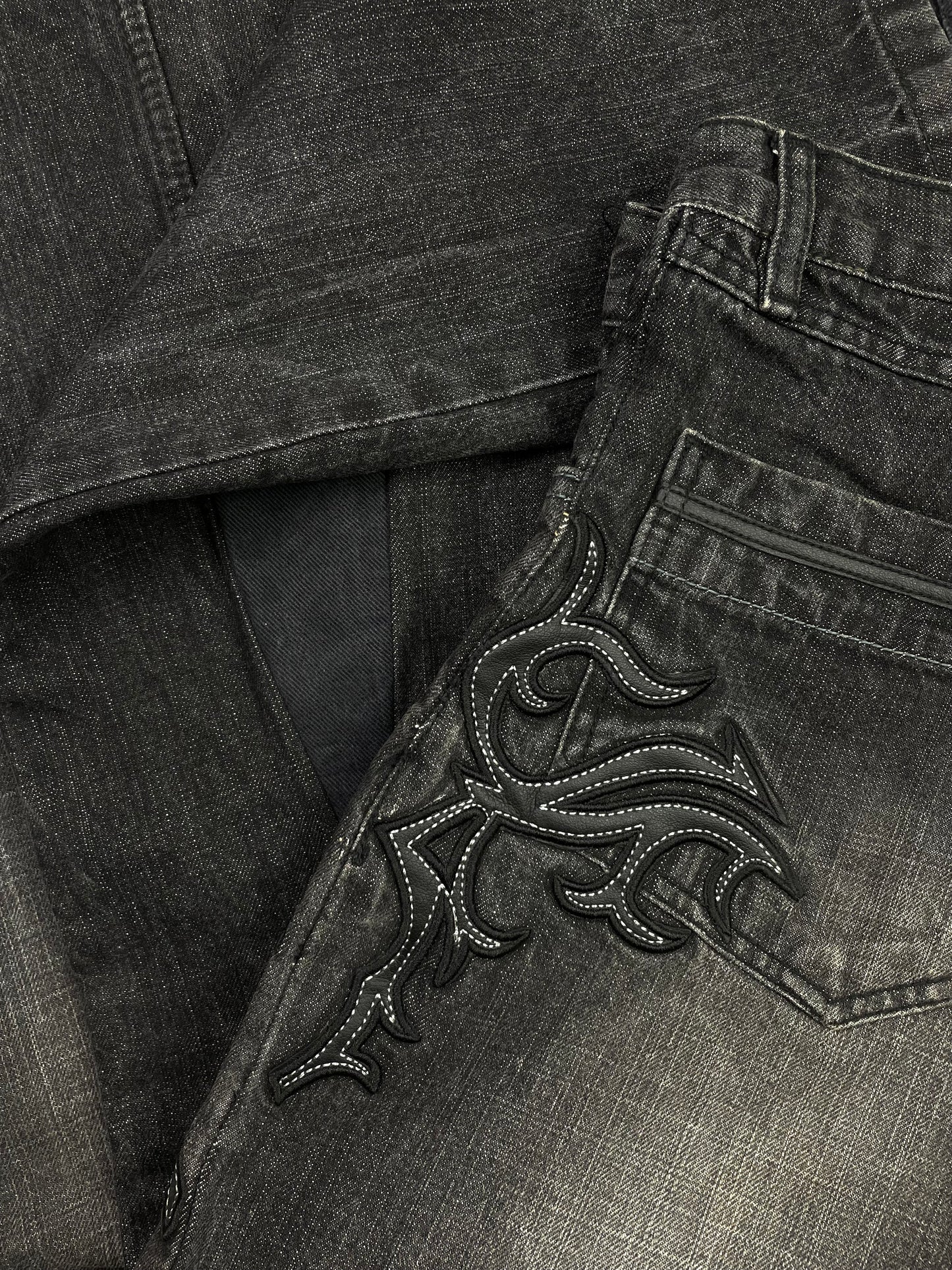 Vintage Tribal Leather Patched Denim pants