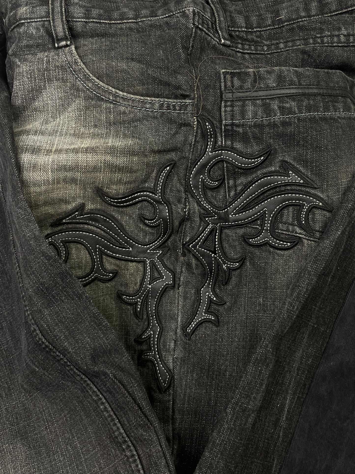 Vintage Tribal Leather Patched Denim pants