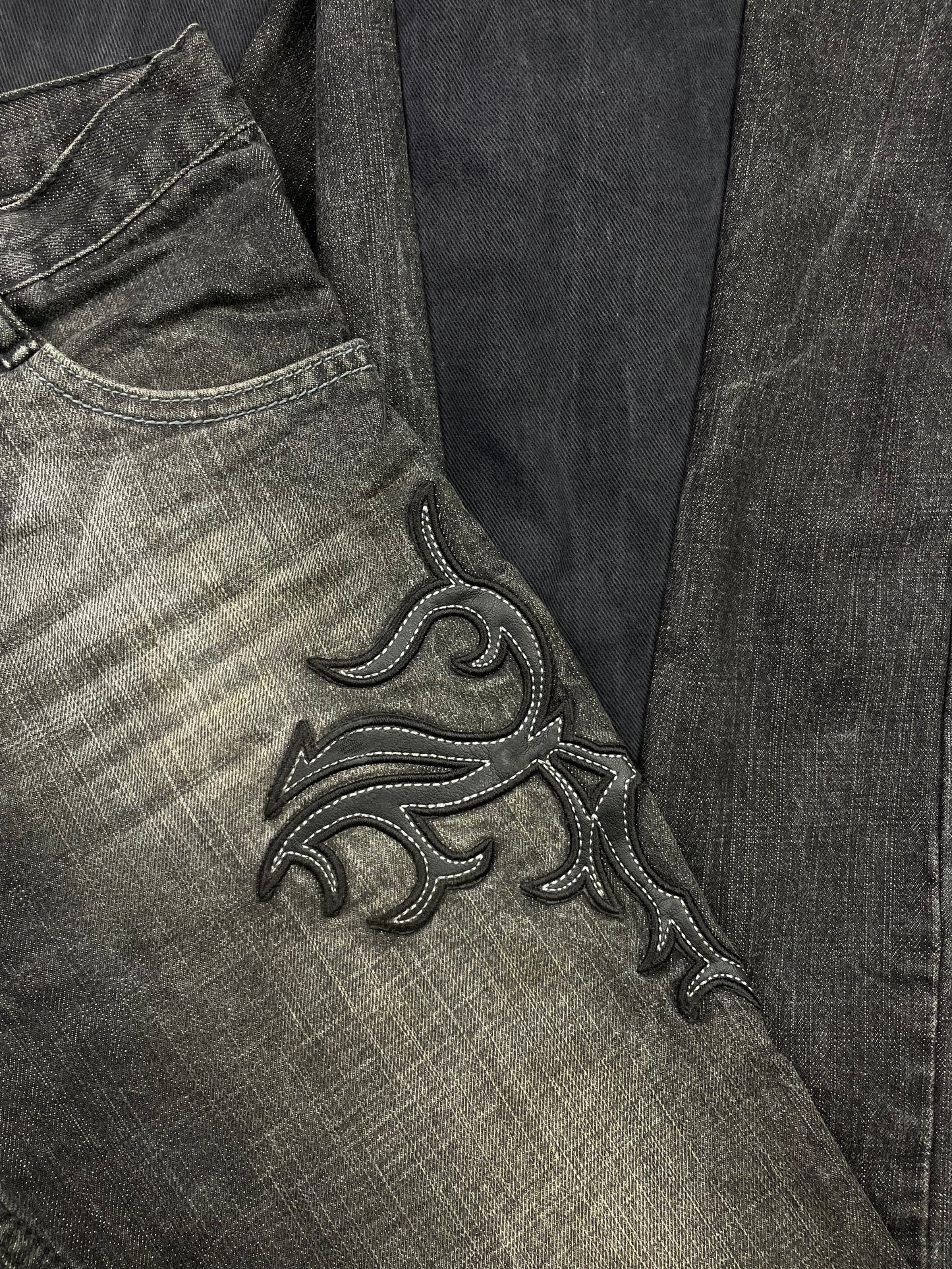 Vintage Tribal Leather Patched Denim pants